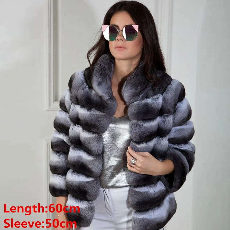 KIMLUD, BFFUR Winter Short Rex Rabbit Fur Jackets With Collar Natural Full Pelt Rabbit Fur Coats For Women Chinchilla Color Overcoats, 368 / S fur bust 88cm, KIMLUD Women's Clothes