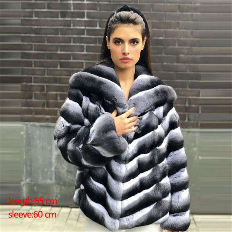 KIMLUD, BFFUR Winter Short Rex Rabbit Fur Jackets With Collar Natural Full Pelt Rabbit Fur Coats For Women Chinchilla Color Overcoats, 238 / S fur bust 88cm, KIMLUD Women's Clothes