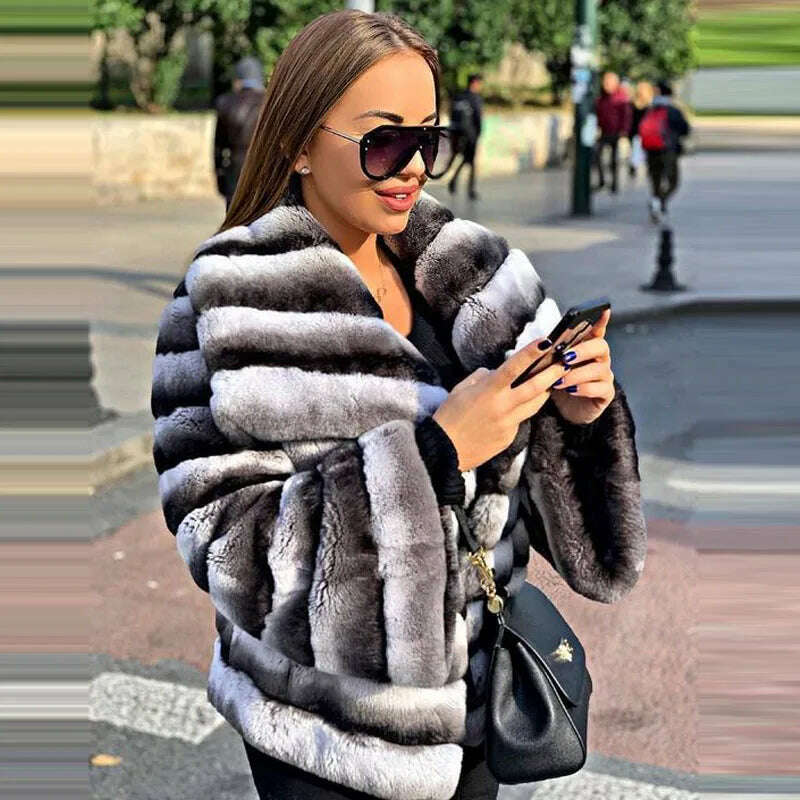 KIMLUD, BFFUR Winter Short Rex Rabbit Fur Jackets With Collar Natural Full Pelt Rabbit Fur Coats For Women Chinchilla Color Overcoats, KIMLUD Womens Clothes