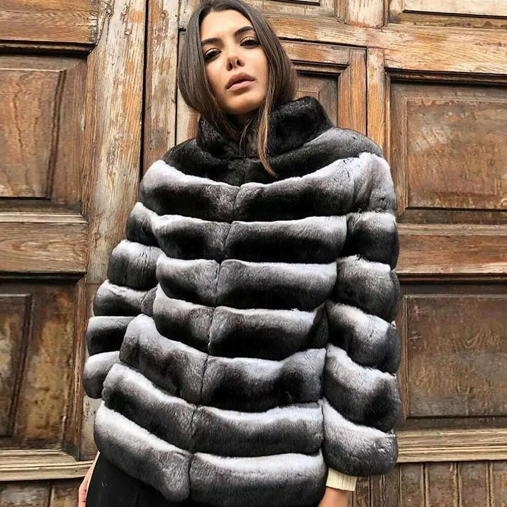 KIMLUD, BFFUR Winter Short Rex Rabbit Fur Jackets With Collar Natural Full Pelt Rabbit Fur Coats For Women Chinchilla Color Overcoats, KIMLUD Women's Clothes