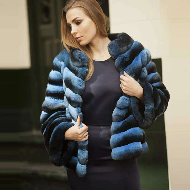 KIMLUD, BFFUR Winter Short Rex Rabbit Fur Jackets With Collar Natural Full Pelt Rabbit Fur Coats For Women Chinchilla Color Overcoats, KIMLUD Women's Clothes