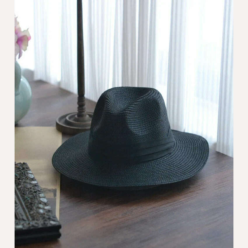 KIMLUD, Big Head 62CM Panaman Straw Hat with Foldable Straw Woven Hat Plus Size Men Jazz Top Hat Sun Protection Sun Shading Hat, Black / 58-60cm, KIMLUD Womens Clothes