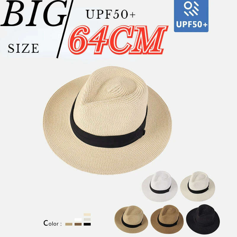 KIMLUD, Big Head Panaman Straw Hat with Foldable Straw Woven Hat Plus Size 60-64cm Men Jazz Top Hat Sun Protection Sun Shading Hat, KIMLUD Womens Clothes