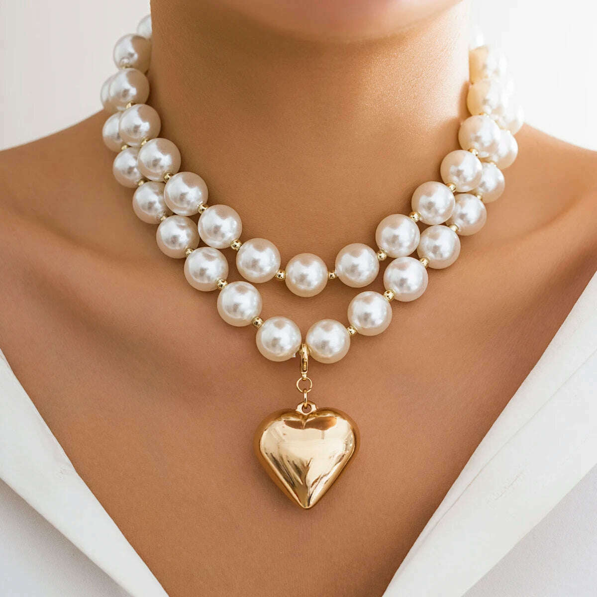 KIMLUD, Big Imitation Pearl Beads Layered Chains with Heart Pendant Necklace for Women Trendy Wedding Ladies Accessories on Neck Fashion, KIMLUD Womens Clothes