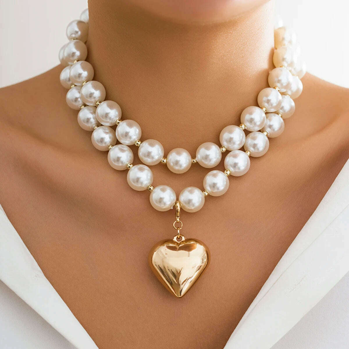 Big Imitation Pearl Beads Layered Chains with Heart Pendant Necklace for Women Trendy Wedding Ladies Accessories on Neck Fashion - KIMLUD