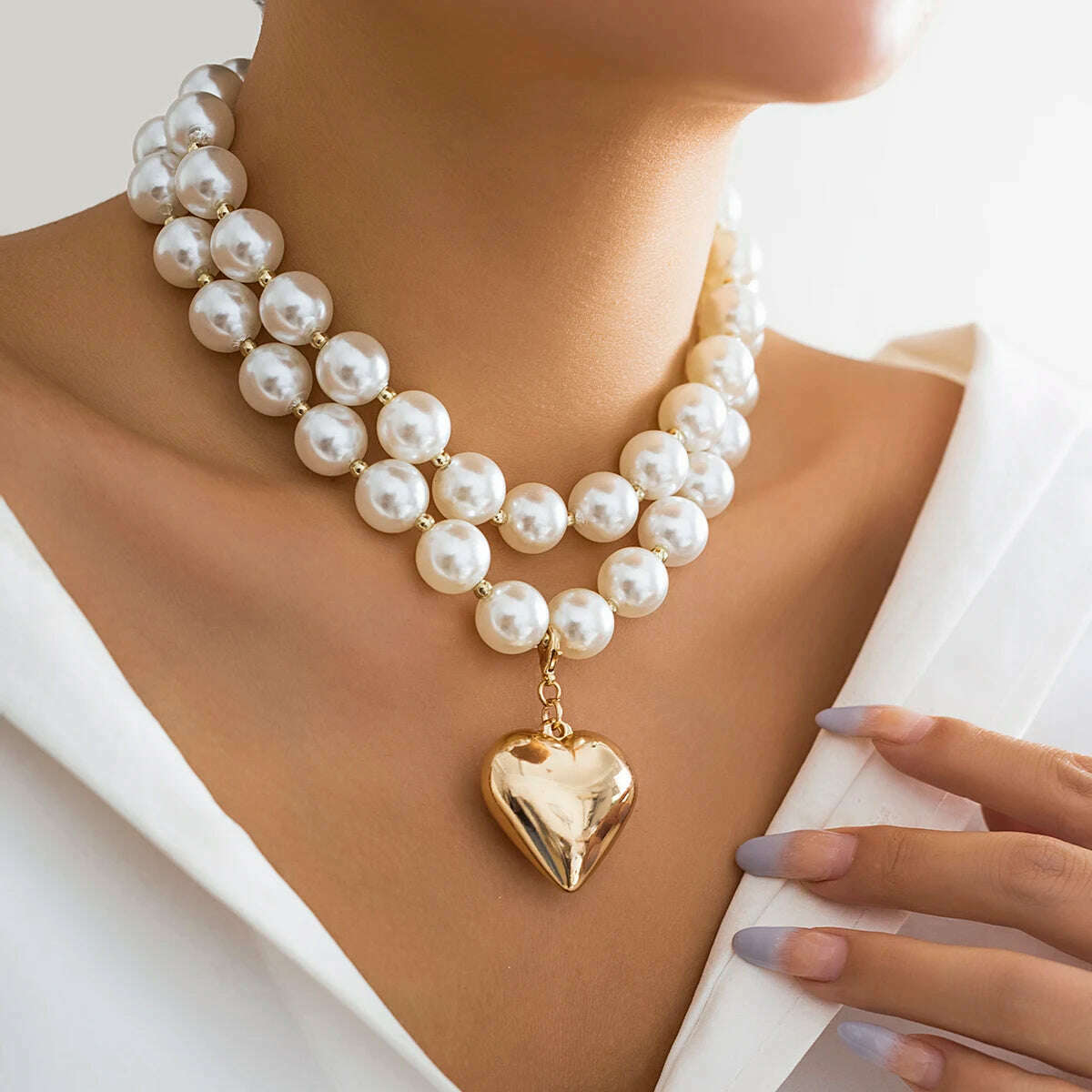 KIMLUD, Big Imitation Pearl Beads Layered Chains with Heart Pendant Necklace for Women Trendy Wedding Ladies Accessories on Neck Fashion, KIMLUD Women's Clothes