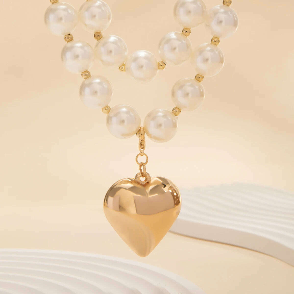 Big Imitation Pearl Beads Layered Chains with Heart Pendant Necklace for Women Trendy Wedding Ladies Accessories on Neck Fashion - KIMLUD