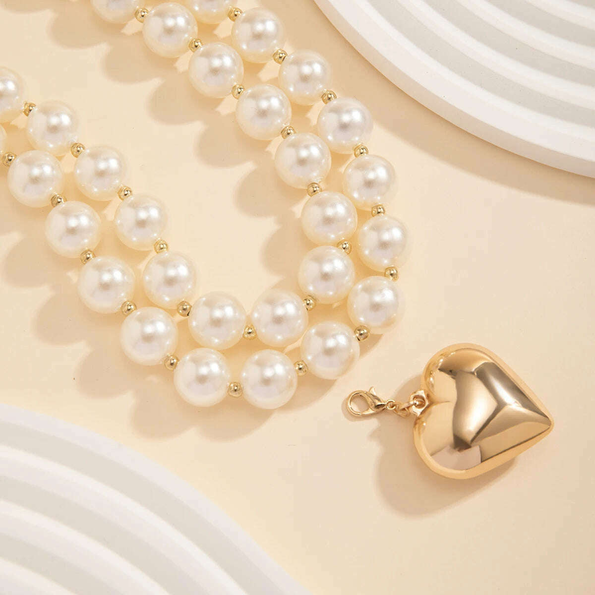 Big Imitation Pearl Beads Layered Chains with Heart Pendant Necklace for Women Trendy Wedding Ladies Accessories on Neck Fashion - KIMLUD