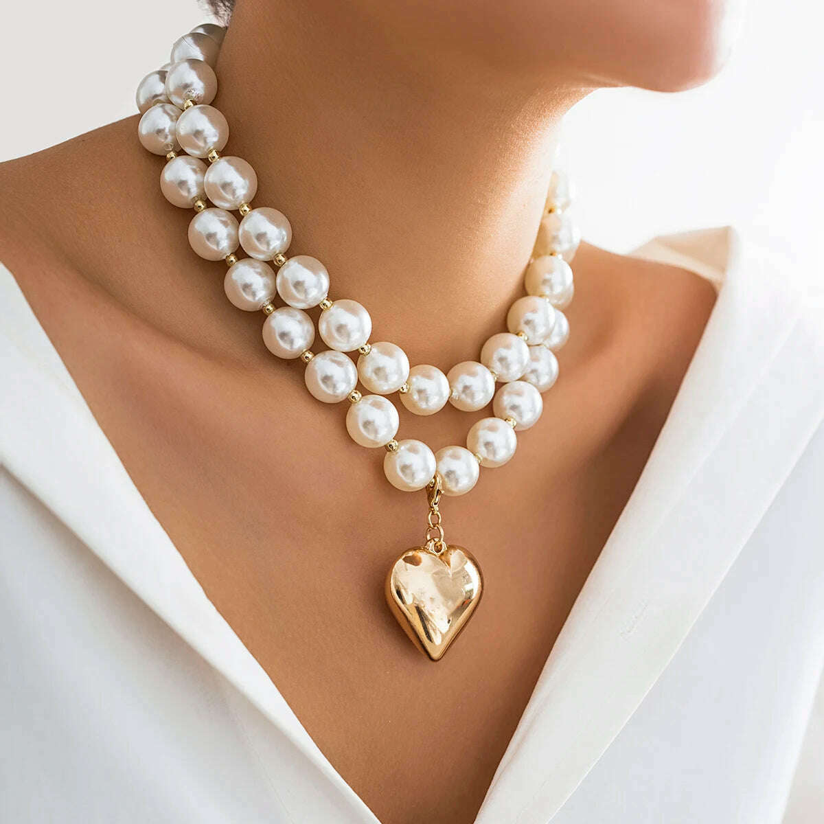 KIMLUD, Big Imitation Pearl Beads Layered Chains with Heart Pendant Necklace for Women Trendy Wedding Ladies Accessories on Neck Fashion, White, KIMLUD Women's Clothes