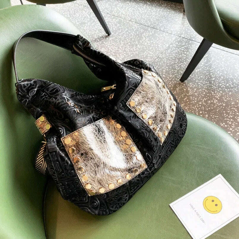 KIMLUD, Big Pocket Leather Women Luxury Handbag 2021 Retro Rivet It Shoulder Bag High-end Brand Golden Color Sequins Durable Travel BagS, KIMLUD Womens Clothes
