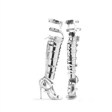 Big Size 10 Cheap Price Hottest Gold Silver Patent Leather Gladiator Sandals Boots For Women Cut-out Knee High Sandals Boots - KIMLUD