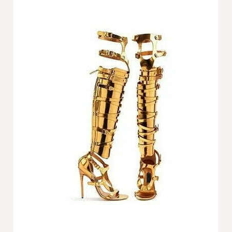 KIMLUD, Big Size 10 Cheap Price Hottest Gold Silver Patent Leather Gladiator Sandals Boots For Women Cut-out Knee High Sandals Boots, 5 / as showed color 1, KIMLUD Womens Clothes