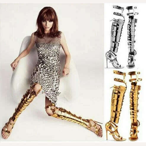 Big Size 10 Cheap Price Hottest Gold Silver Patent Leather Gladiator Sandals Boots For Women Cut-out Knee High Sandals Boots - KIMLUD