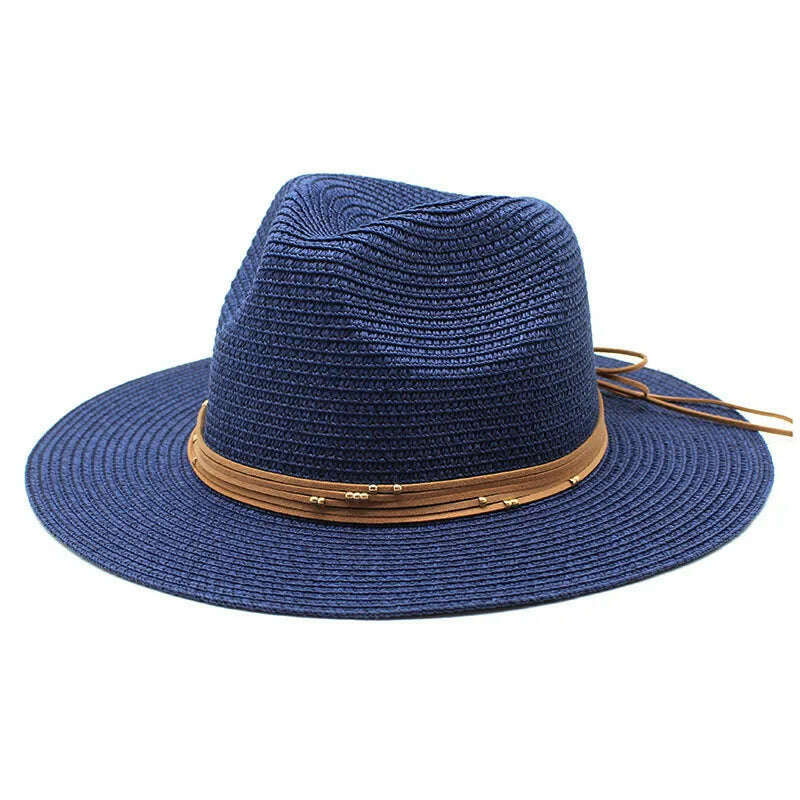 KIMLUD, Big Size 60CM New Straw Hat 7cm Brim Summer Cooling Beach Sun Hat Outdoor Party Panama Jazz Hat Sombreros De Mujer, navy blue / 59-61cm, KIMLUD Womens Clothes
