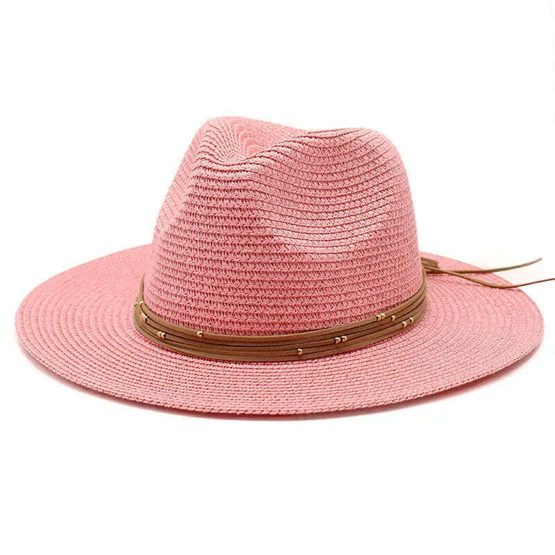 KIMLUD, Big Size 60CM New Straw Hat 7cm Brim Summer Cooling Beach Sun Hat Outdoor Party Panama Jazz Hat Sombreros De Mujer, Korean pink / 59-61cm, KIMLUD Womens Clothes