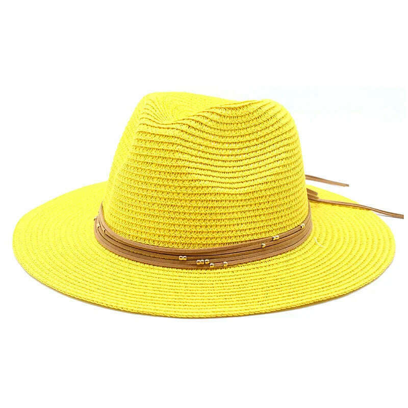 KIMLUD, Big Size 60CM New Straw Hat 7cm Brim Summer Cooling Beach Sun Hat Outdoor Party Panama Jazz Hat Sombreros De Mujer, Yellow / 59-61cm, KIMLUD Womens Clothes