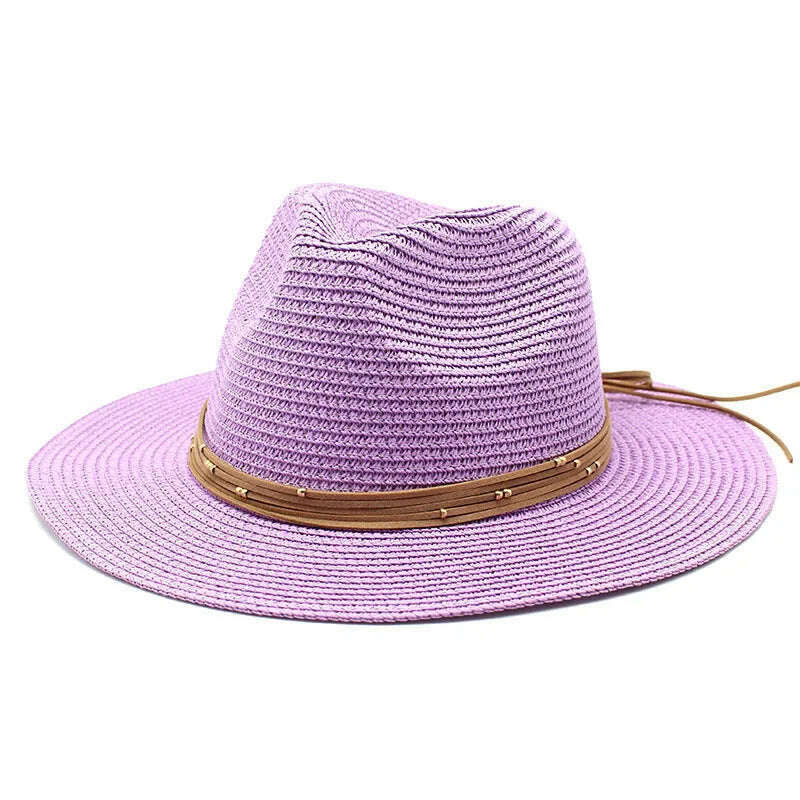 KIMLUD, Big Size 60CM New Straw Hat 7cm Brim Summer Cooling Beach Sun Hat Outdoor Party Panama Jazz Hat Sombreros De Mujer, Light purple / 59-61cm, KIMLUD Womens Clothes