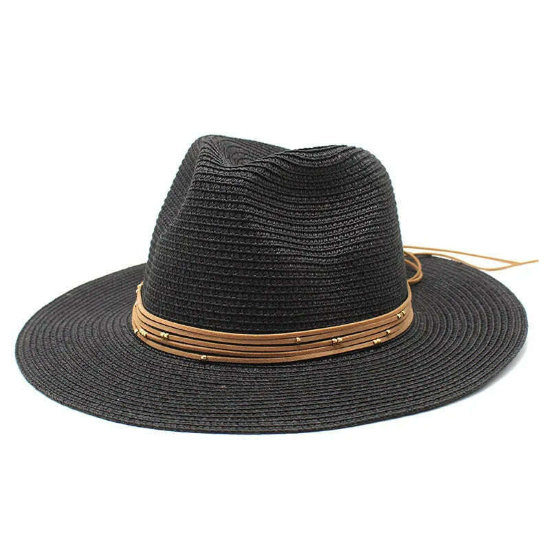 KIMLUD, Big Size 60CM New Straw Hat 7cm Brim Summer Cooling Beach Sun Hat Outdoor Party Panama Jazz Hat Sombreros De Mujer, Black / 59-61cm, KIMLUD Womens Clothes