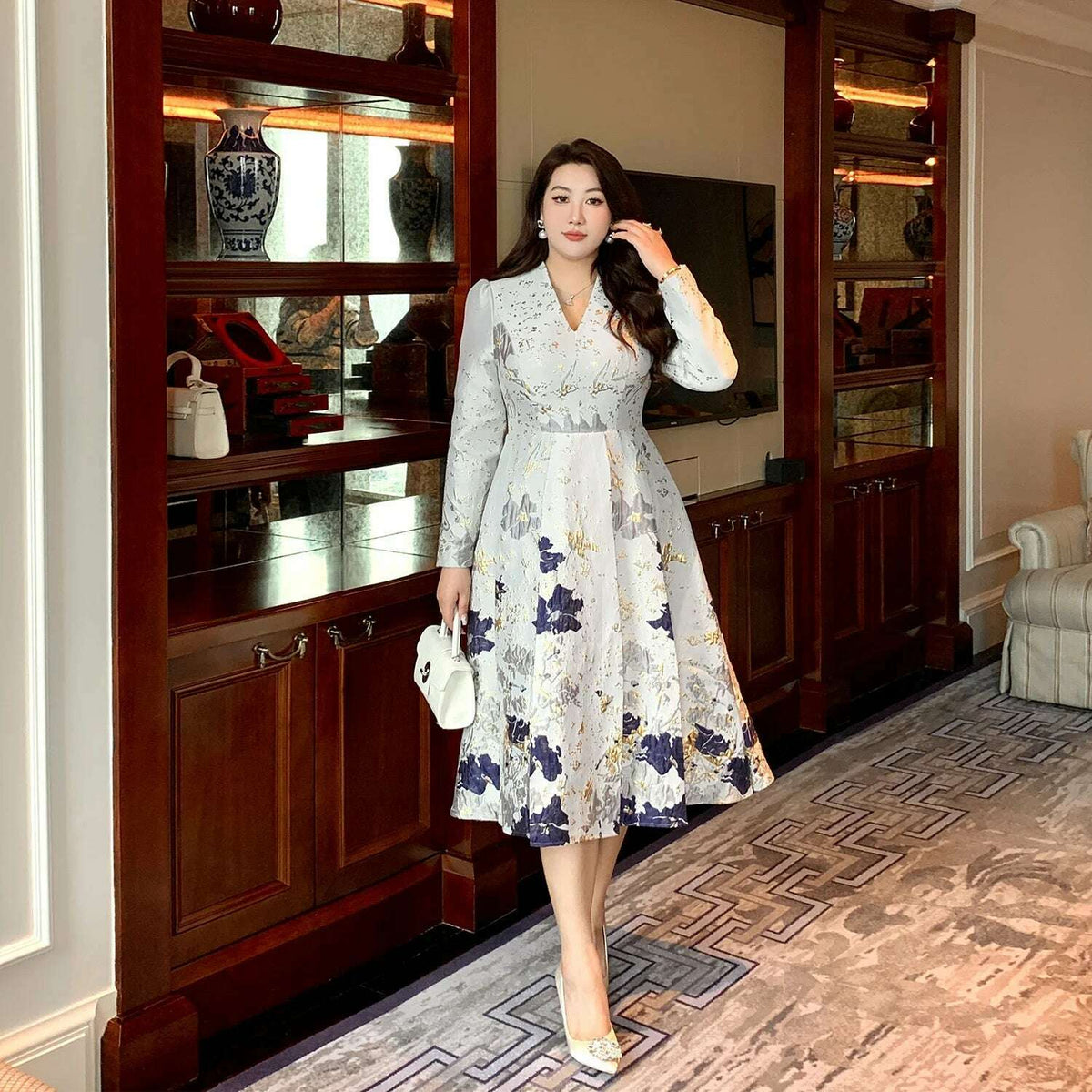 pleated dress short Tied Printed Sleeve Dark Blue / S Size:6