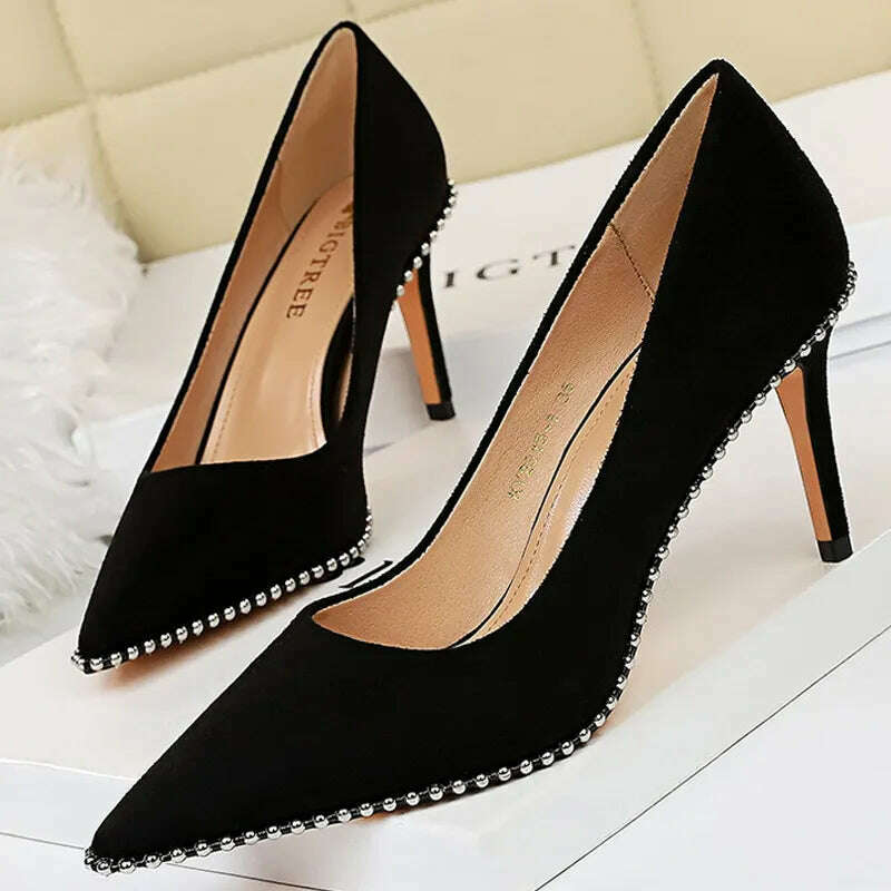 KIMLUD, BIGTREE Shoes Rivet Woman Pumps 2023 New High Heels Stiletto Pu Leather Women Heels Sexy Party Shoes Female Heel Plus Size 43, KIMLUD Womens Clothes