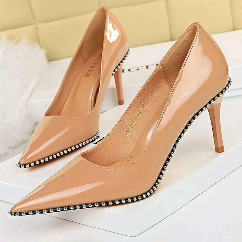 KIMLUD, BIGTREE Shoes Rivet Woman Pumps 2023 New High Heels Stiletto Pu Leather Women Heels Sexy Party Shoes Female Heel Plus Size 43, KIMLUD Womens Clothes