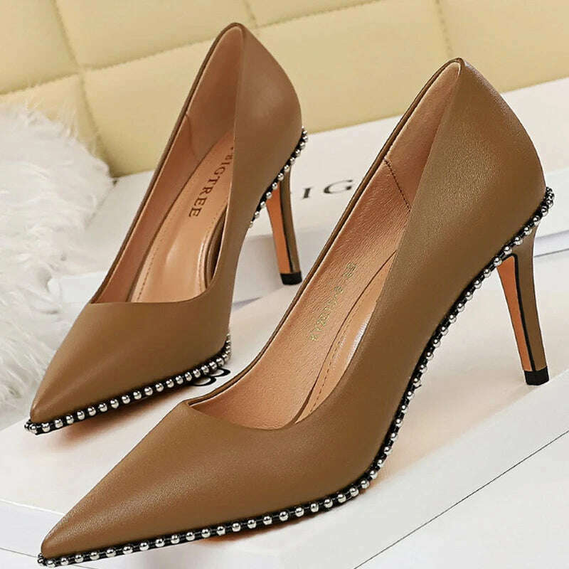 KIMLUD, BIGTREE Shoes Rivet Woman Pumps 2023 New High Heels Stiletto Pu Leather Women Heels Sexy Party Shoes Female Heel Plus Size 43, KIMLUD Womens Clothes