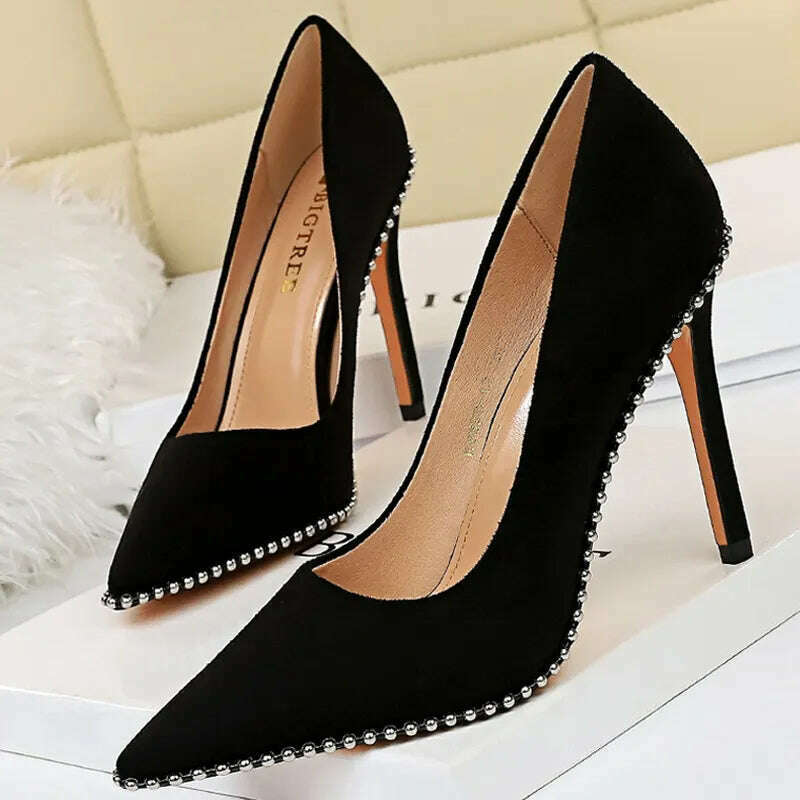 KIMLUD, BIGTREE Shoes Rivet Woman Pumps 2023 New High Heels Stiletto Pu Leather Women Heels Sexy Party Shoes Female Heel Plus Size 43, 1829-5-Black10.5cm / 34, KIMLUD Womens Clothes