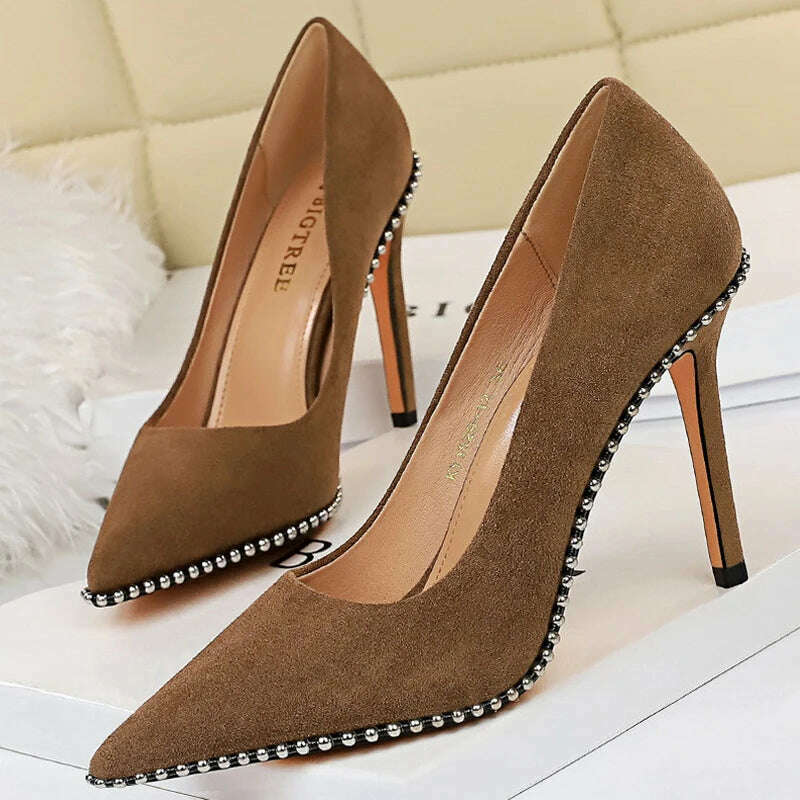 KIMLUD, BIGTREE Shoes Rivet Woman Pumps 2023 New High Heels Stiletto Pu Leather Women Heels Sexy Party Shoes Female Heel Plus Size 43, KIMLUD Womens Clothes