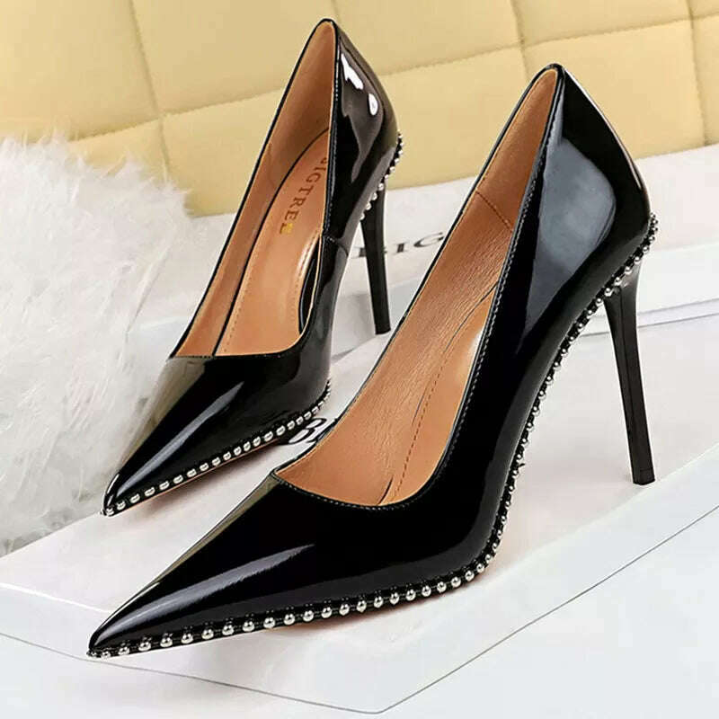 KIMLUD, BIGTREE Shoes Rivet Woman Pumps 2023 New High Heels Stiletto Pu Leather Women Heels Sexy Party Shoes Female Heel Plus Size 43, 9611-2-black10.5cm / 34, KIMLUD Women's Clothes