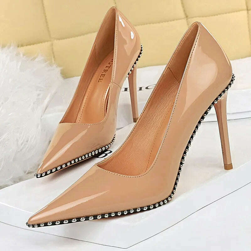KIMLUD, BIGTREE Shoes Rivet Woman Pumps 2023 New High Heels Stiletto Pu Leather Women Heels Sexy Party Shoes Female Heel Plus Size 43, 9611-2-nude10.5cm / 34, KIMLUD Women's Clothes