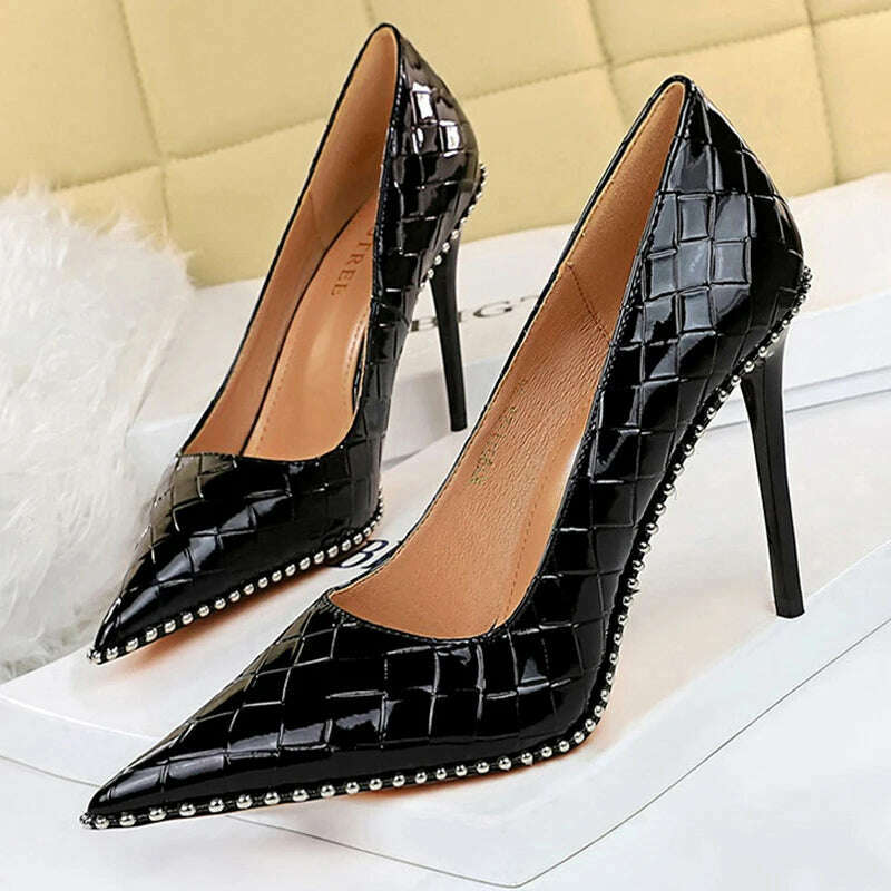 KIMLUD, BIGTREE Shoes Rivet Woman Pumps 2023 New High Heels Stiletto Pu Leather Women Heels Sexy Party Shoes Female Heel Plus Size 43, 9611-3-black10.5cm / 34, KIMLUD Womens Clothes