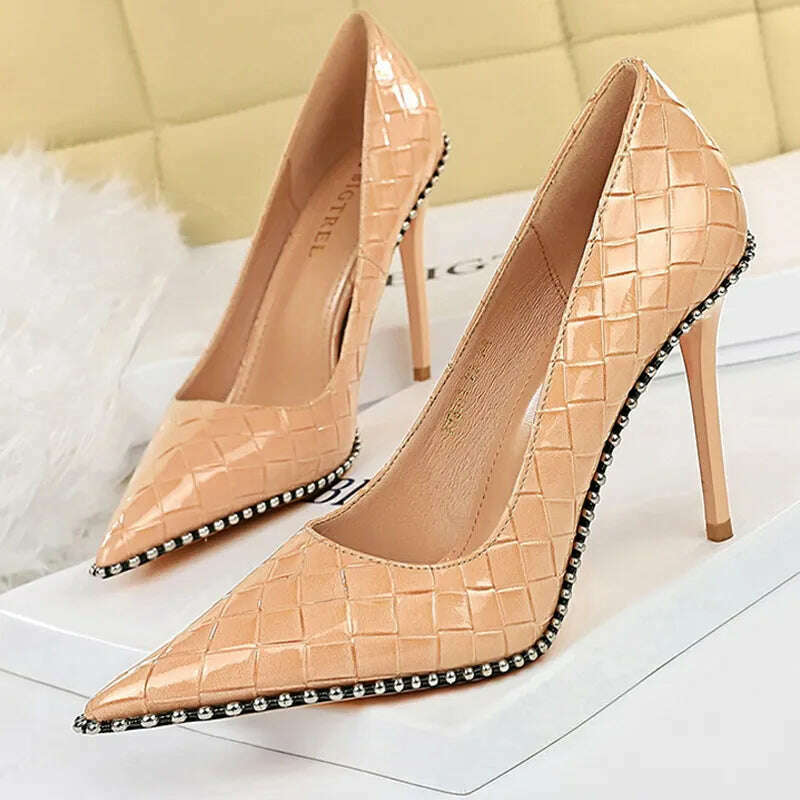KIMLUD, BIGTREE Shoes Rivet Woman Pumps 2023 New High Heels Stiletto Pu Leather Women Heels Sexy Party Shoes Female Heel Plus Size 43, 9611-3-nude10.5cm / 34, KIMLUD Womens Clothes