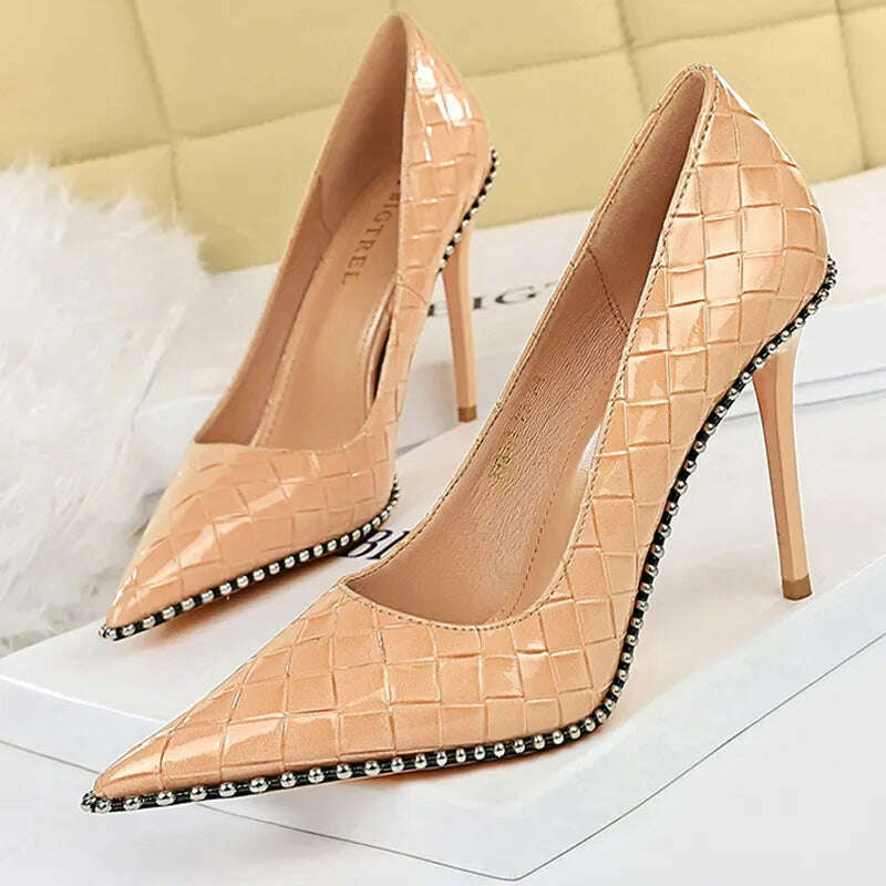 BIGTREE Shoes Rivet Woman Pumps 2023 New High Heels Stiletto Pu Leather Women Heels Sexy Party Shoes Female Heel Plus Size 43 - KIMLUD