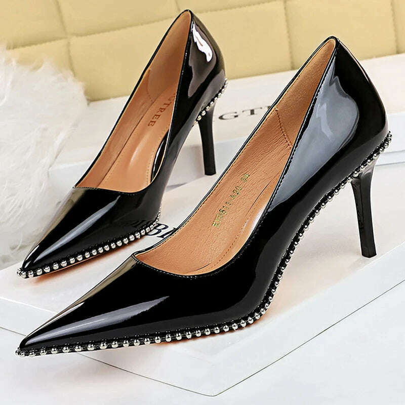 KIMLUD, BIGTREE Shoes Rivet Woman Pumps 2023 New High Heels Stiletto Pu Leather Women Heels Sexy Party Shoes Female Heel Plus Size 43, KIMLUD Women's Clothes