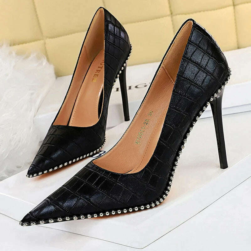 KIMLUD, BIGTREE Shoes Rivet Woman Pumps 2023 New High Heels Stiletto Pu Leather Women Heels Sexy Party Shoes Female Heel Plus Size 43, 9611-8-black10.5cm / 34, KIMLUD Womens Clothes
