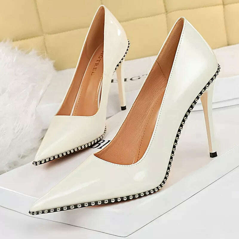 KIMLUD, BIGTREE Shoes Rivet Woman Pumps 2023 New High Heels Stiletto Pu Leather Women Heels Sexy Party Shoes Female Heel Plus Size 43, 9611-2-white-10.5cm / 34, KIMLUD Womens Clothes