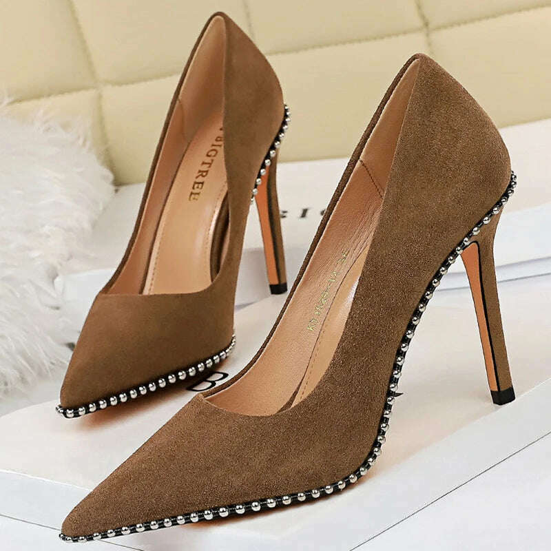 KIMLUD, BIGTREE Shoes Rivet Woman Pumps 2023 New High Heels Stiletto Pu Leather Women Heels Sexy Party Shoes Female Heel Plus Size 43, 1829-5-Khaki10.5cm / 34, KIMLUD Womens Clothes