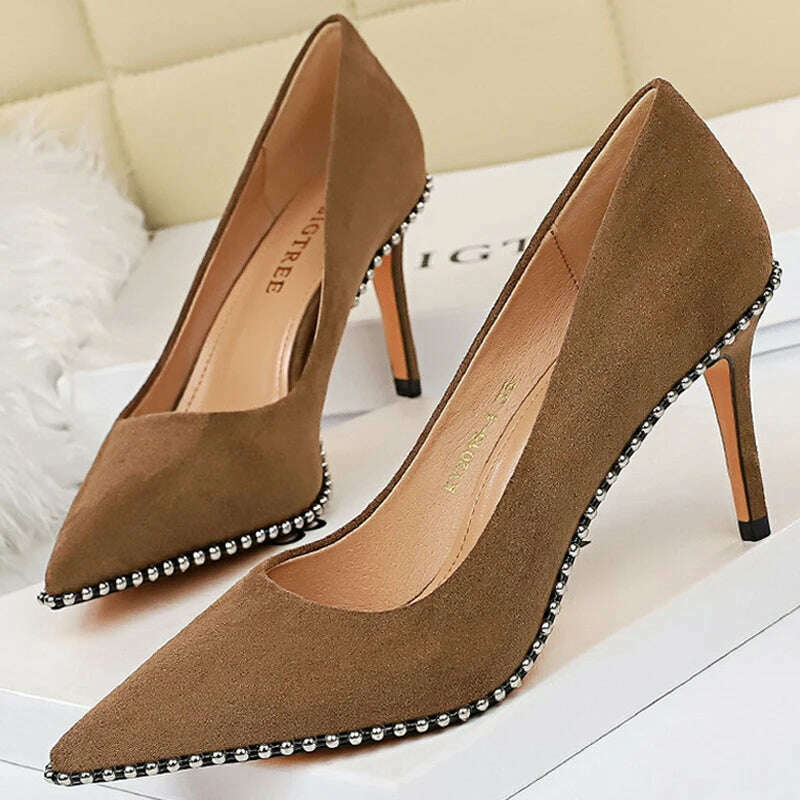 KIMLUD, BIGTREE Shoes Rivet Woman Pumps 2023 New High Heels Stiletto Pu Leather Women Heels Sexy Party Shoes Female Heel Plus Size 43, 1829-A5-Khaki7.5cm / 34, KIMLUD Womens Clothes