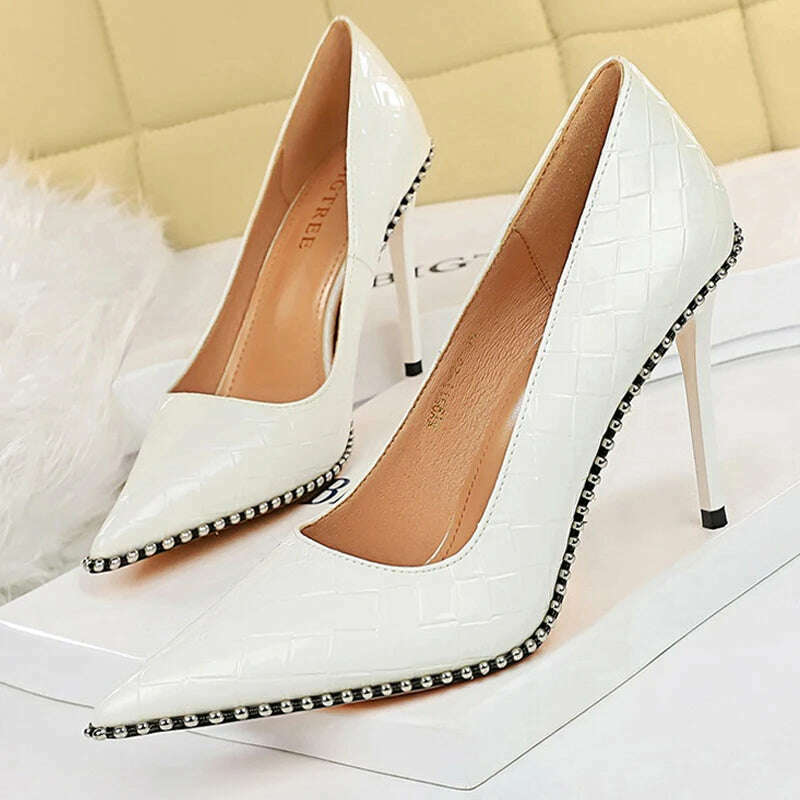KIMLUD, BIGTREE Shoes Rivet Woman Pumps 2023 New High Heels Stiletto Pu Leather Women Heels Sexy Party Shoes Female Heel Plus Size 43, 9611-3-white-10.5cm / 35, KIMLUD Womens Clothes