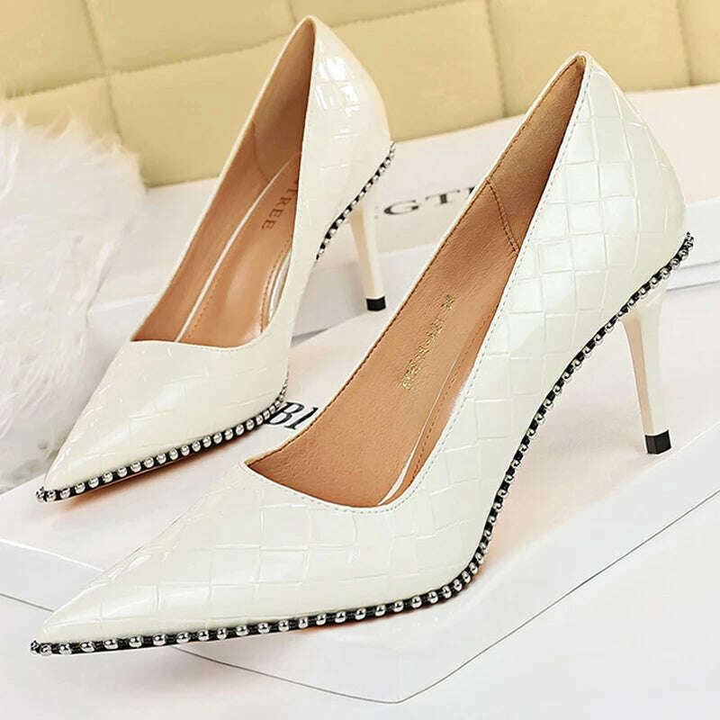 KIMLUD, BIGTREE Shoes Rivet Woman Pumps 2023 New High Heels Stiletto Pu Leather Women Heels Sexy Party Shoes Female Heel Plus Size 43, 9611-A3-white-8cm / 34, KIMLUD Womens Clothes
