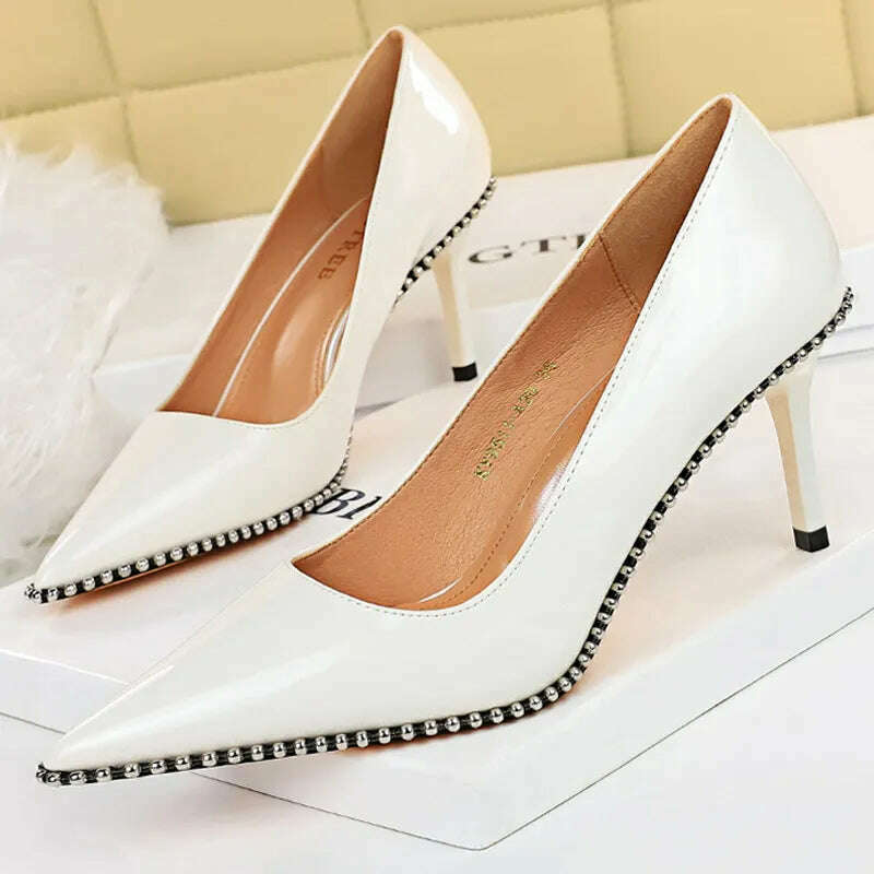 KIMLUD, BIGTREE Shoes Rivet Woman Pumps 2023 New High Heels Stiletto Pu Leather Women Heels Sexy Party Shoes Female Heel Plus Size 43, 9611-A2-white-8cm / 34, KIMLUD Womens Clothes
