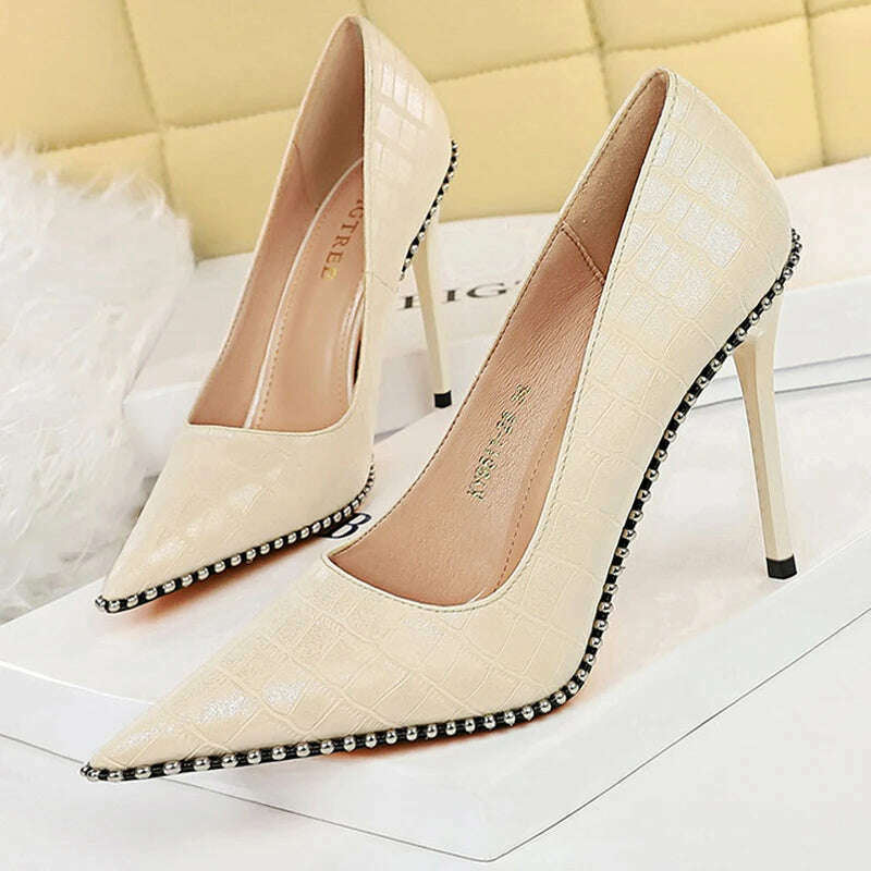 KIMLUD, BIGTREE Shoes Rivet Woman Pumps 2023 New High Heels Stiletto Pu Leather Women Heels Sexy Party Shoes Female Heel Plus Size 43, 9611-8-apricot10.5cm / 34, KIMLUD Womens Clothes
