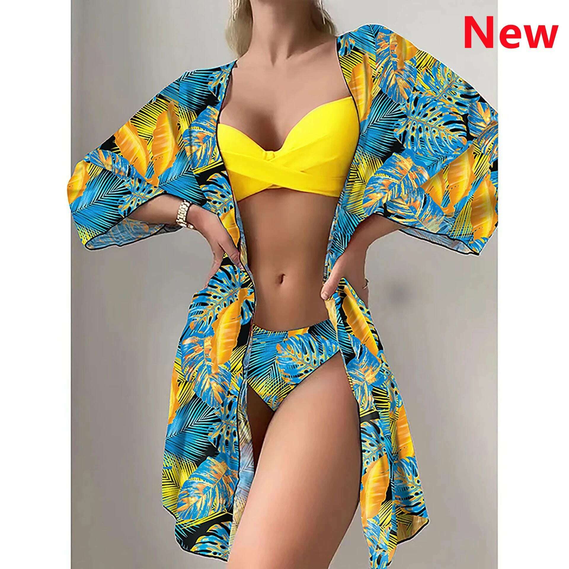 KIMLUD, Bikini Set Women Three Pieces Swimsuit Cover Up Swimwear 2024 New Push Up Twist Print Long Sleeve Biquini Beach Bathing Suit, KIMLUD Women's Clothes