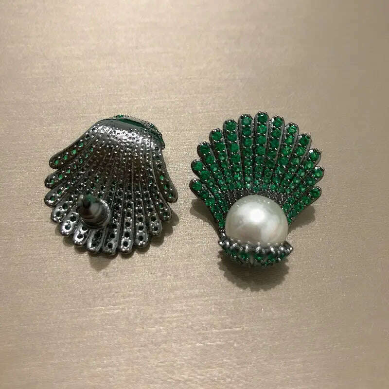 Bilincolor White Pearl Green Clam Shell Earring for Women - KIMLUD