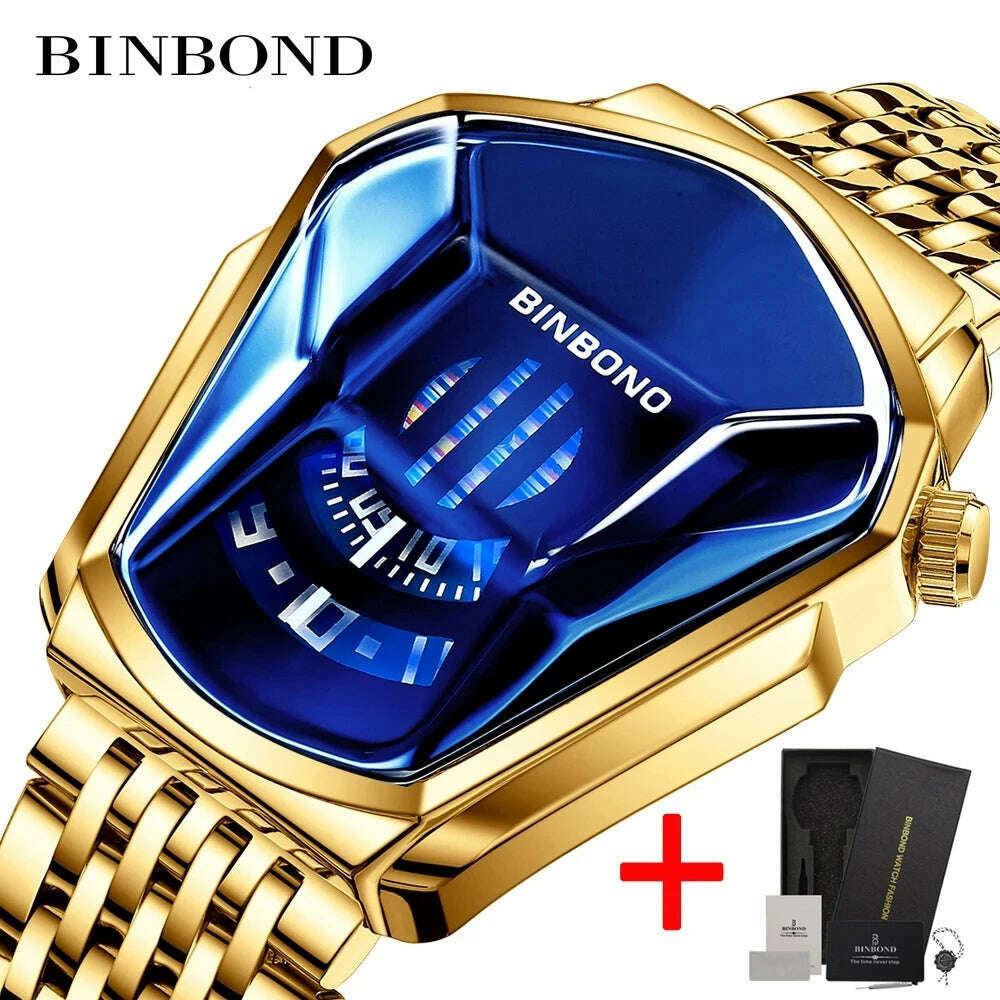 KIMLUD, BINBOND Fashion Luxury Unique Military Motorcycle Stainless Steel Business Sports Men's Golden Watch Style Concept With box, KIMLUD Womens Clothes