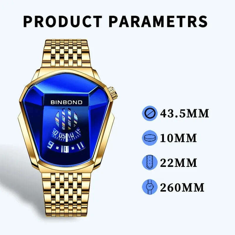 KIMLUD, BINBOND Fashion Luxury Unique Military Motorcycle Stainless Steel Business Sports Men's Golden Watch Style Concept With box, KIMLUD Womens Clothes