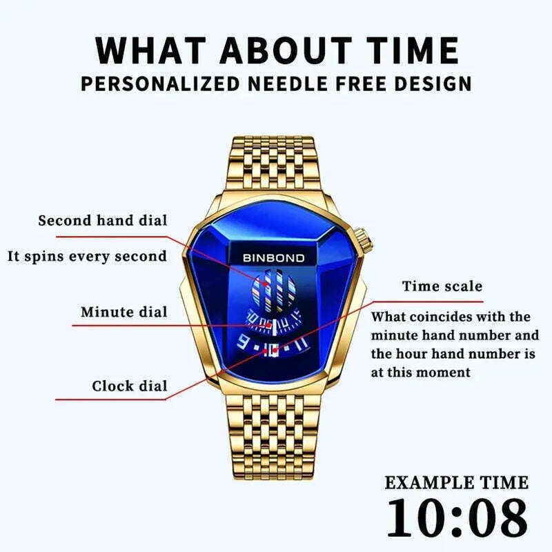 KIMLUD, BINBOND Fashion Luxury Unique Military Motorcycle Stainless Steel Business Sports Men's Golden Watch Style Concept With box, KIMLUD Womens Clothes
