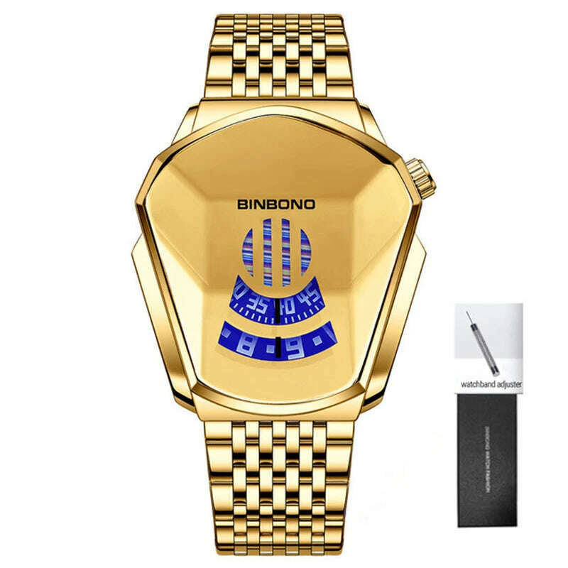 KIMLUD, BINBOND Fashion Luxury Unique Military Motorcycle Stainless Steel Business Sports Men's Golden Watch Style Concept With box, Gold-Gold, KIMLUD APPAREL - Womens Clothes