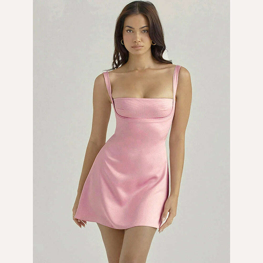 Birthday Dress For Women A-Line Pink Dress Sexy Satin Holiday Party Dresses Mini Casual Spaghetti Strap Graduation Dress Stretch - KIMLUD