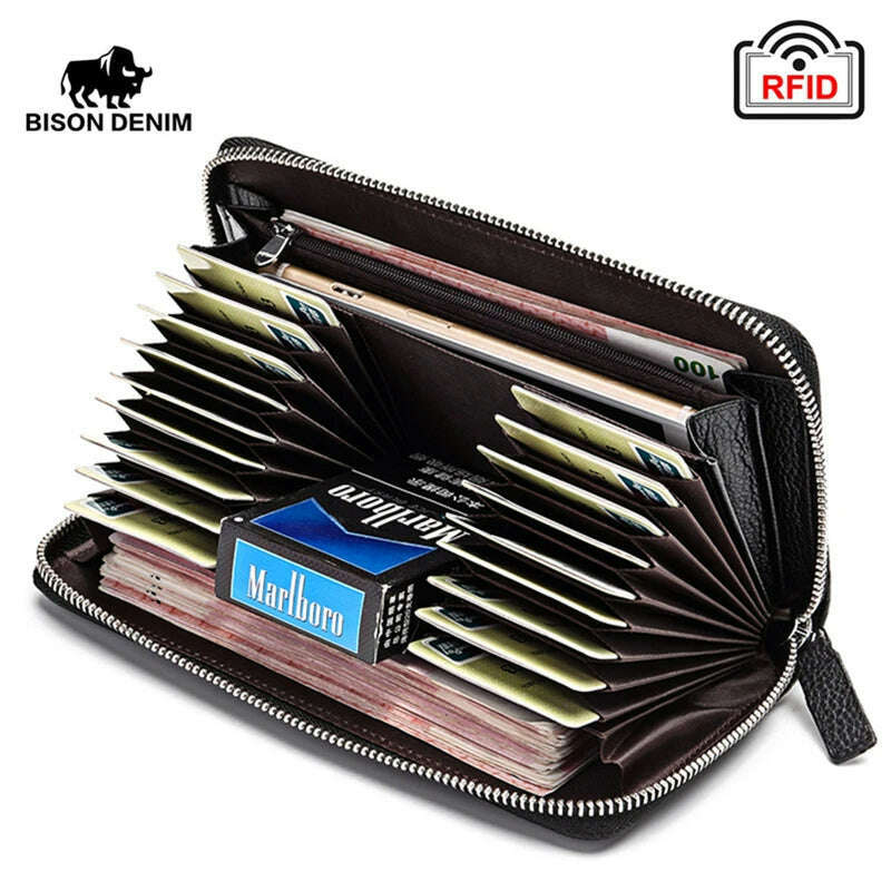 KIMLUD, BISON DENIM 100% Cow Leather Clutch Wallets for Men RFID Blocking Card Holder Wallet Coin Purse Long Phone Wallet W8226, KIMLUD Womens Clothes